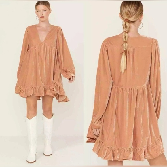 New FREE PEOPLE Estella Velvet Ruffled Mini Dress Babydoll Pink Rose S Coquette - Picture 11 of 12